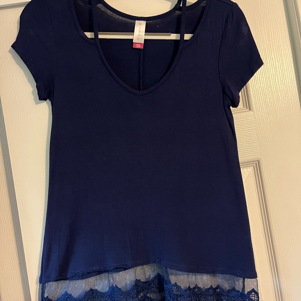 No Boundaries Dark Blue Top with Lace Trim